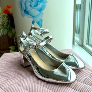 ALDO STRAPPY SILVER PATENT BLOCK HEELS